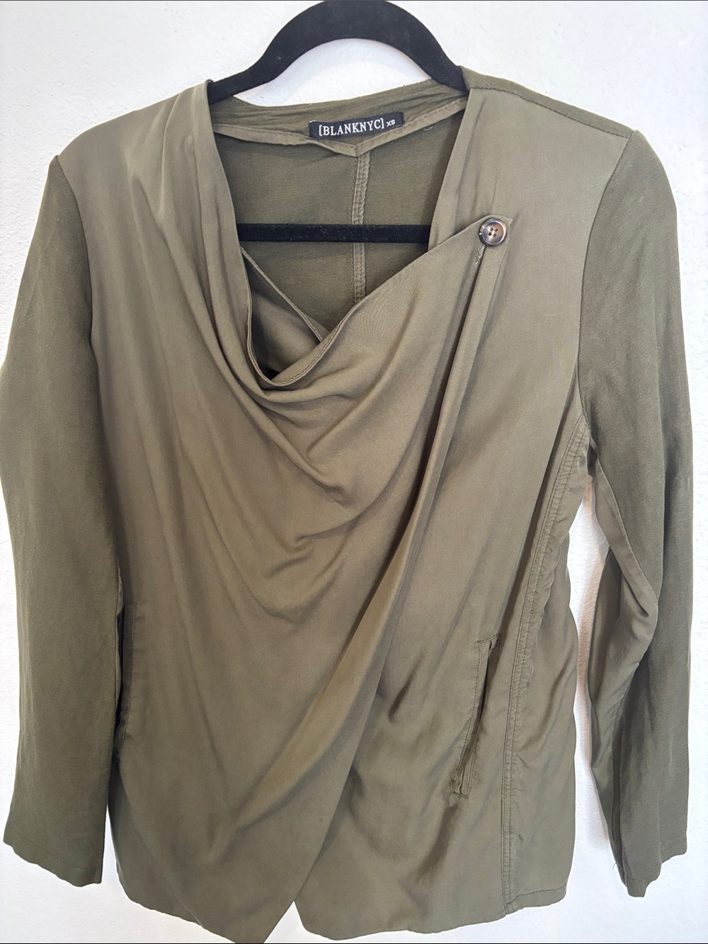 Blank NYC Olive Draped Cowl-Neck Long Sleeve Top with Button Detail